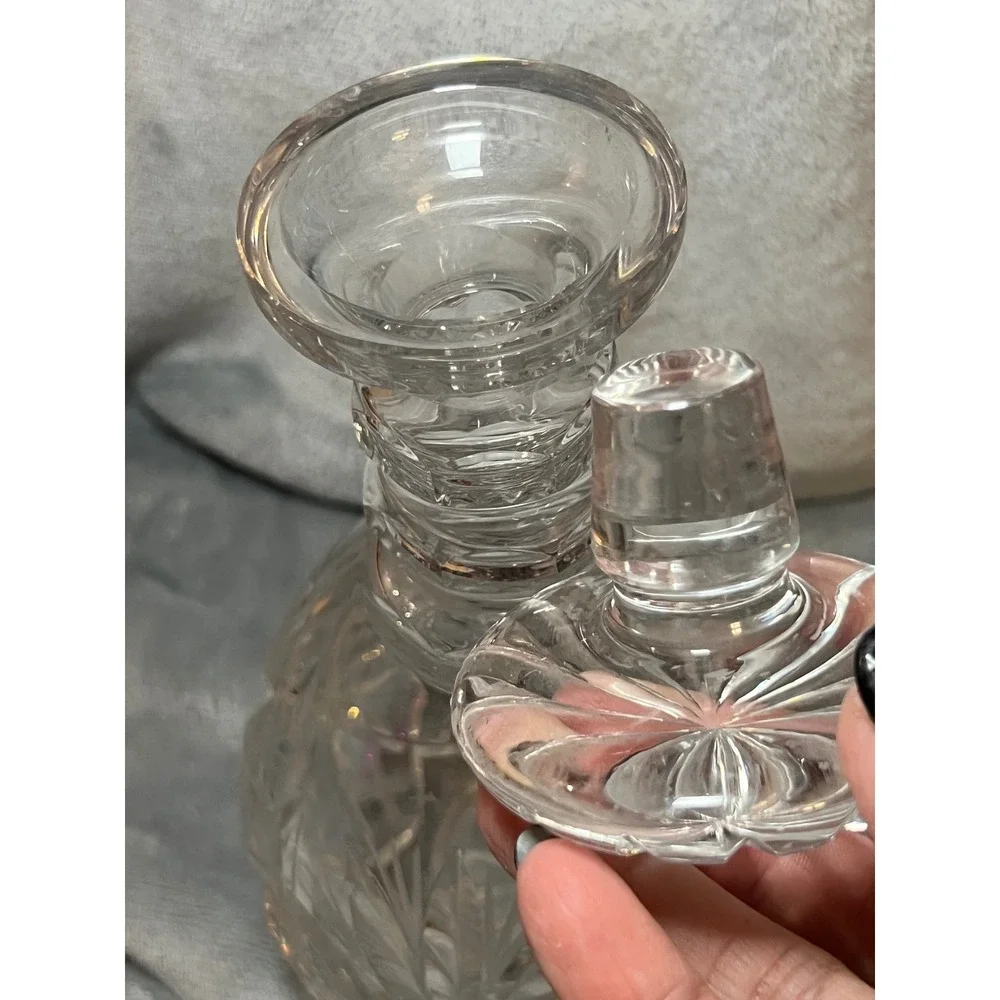 Vintage Cut Crystal Round Decanter w/ Starburst Design & Paneled‎ Stopper